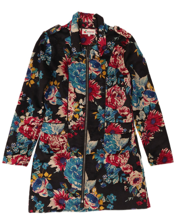 Sobretudo militar de veludo feminino vintage Reino Unido 6 XS algodão floral preto