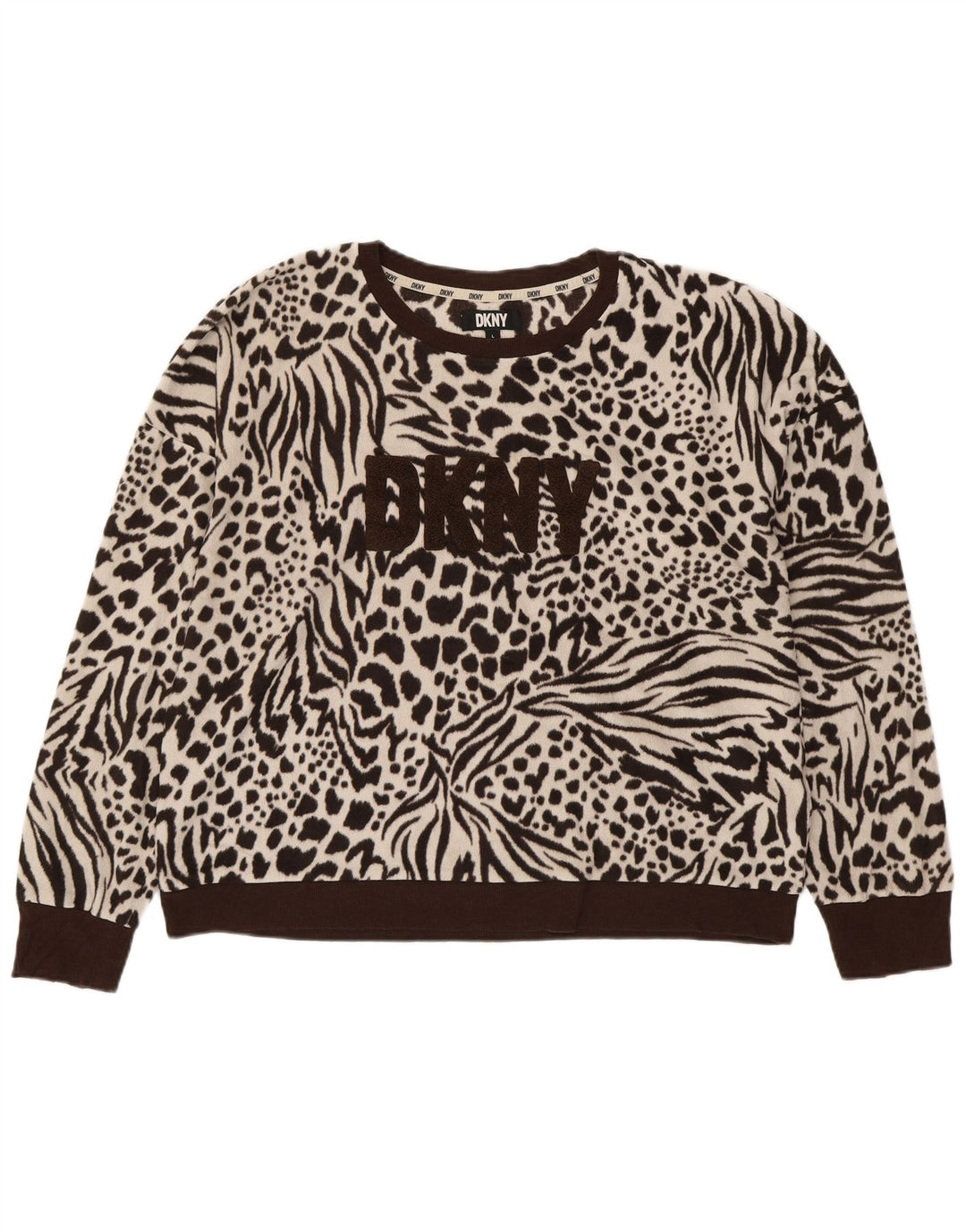 DKNY Suéter feminino de lã com estampa grande grande Reino Unido 16 grande estampa animal marrom