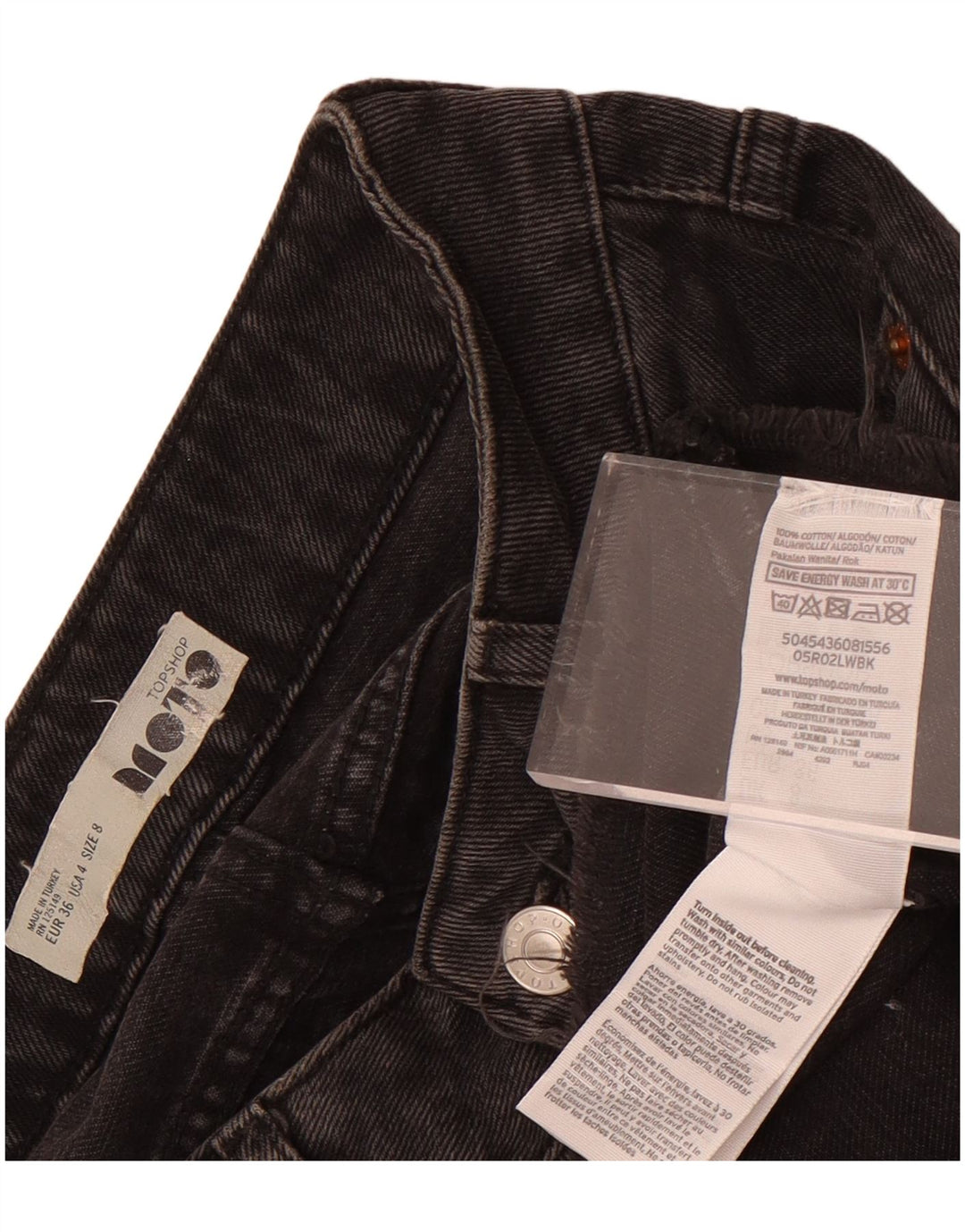 Saia jeans feminina Topshop UK 8 pequena W26 algodão preto