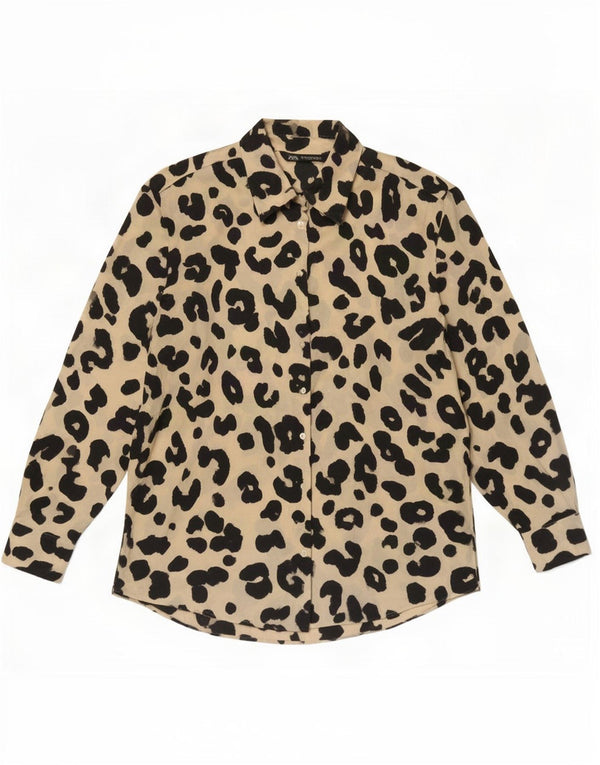 Blusa camisa feminina Zara Reino Unido 14 poliéster bege médio com estampa animal