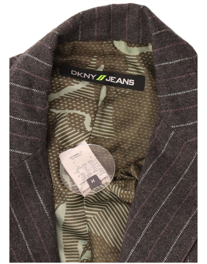 Jaqueta Blazer Feminina Dkny Crop Open UK 12 Poliéster Risca de Giz Cinza Médio