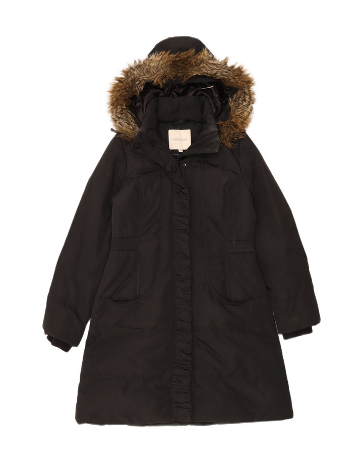 Casaco acolchoado com capuz feminino Monsoon UK 14 poliéster preto médio