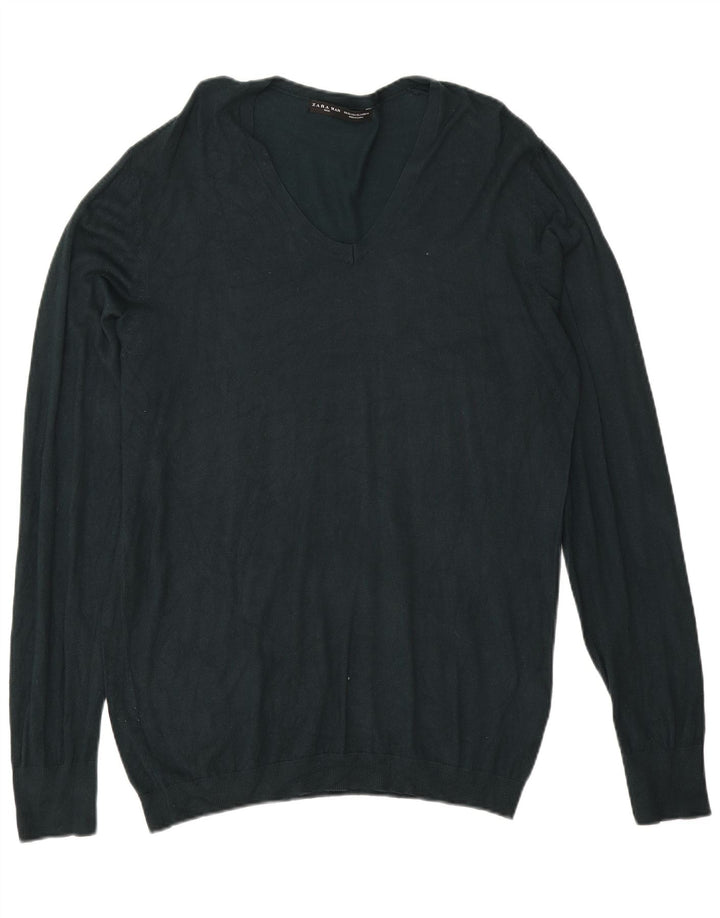 Zara Suéter masculino com decote em V XL verde viscose
