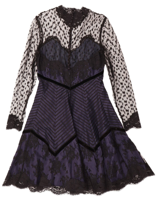 Vestido vintage feminino manga comprida linha A Reino Unido 10 pequeno azul marinho floral gótico