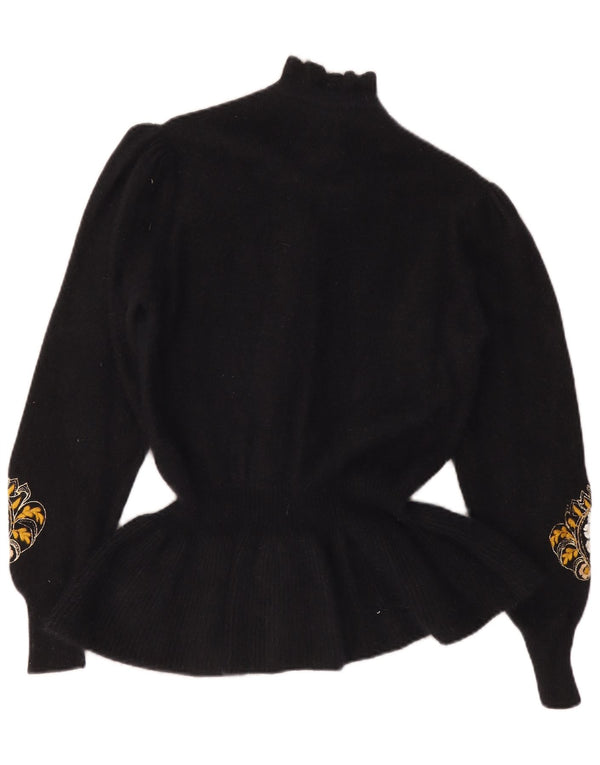 Suéter cardigã feminino vintage Reino Unido 12 médio preto floral