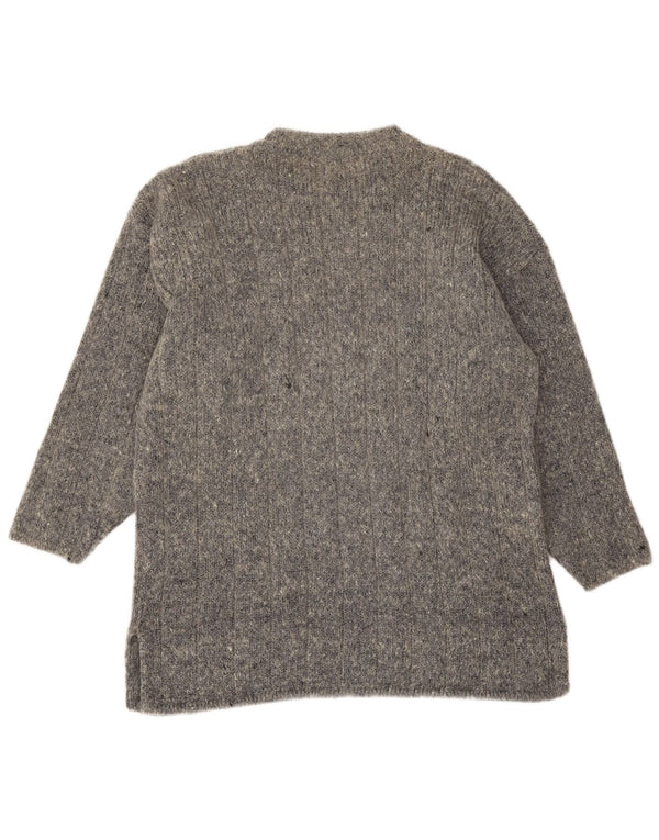 Suéter feminino vintage com gola redonda e palangre Reino Unido 16 seda cinza grande