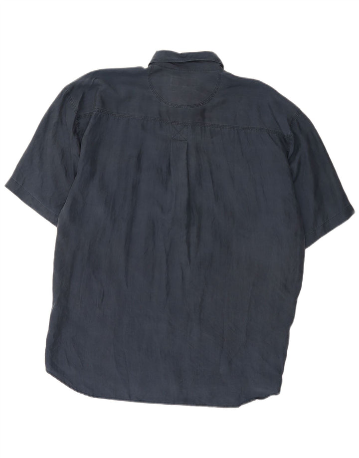 Camisa masculina vintage de manga curta grande seda azul marinho