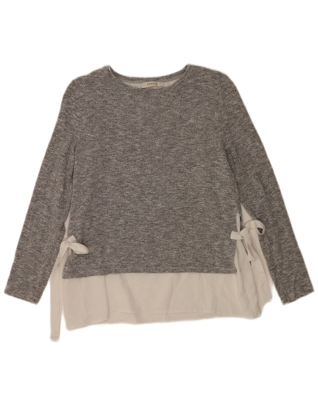 Top feminino Oasis de manga comprida UK 12 viscose manchada cinza médio