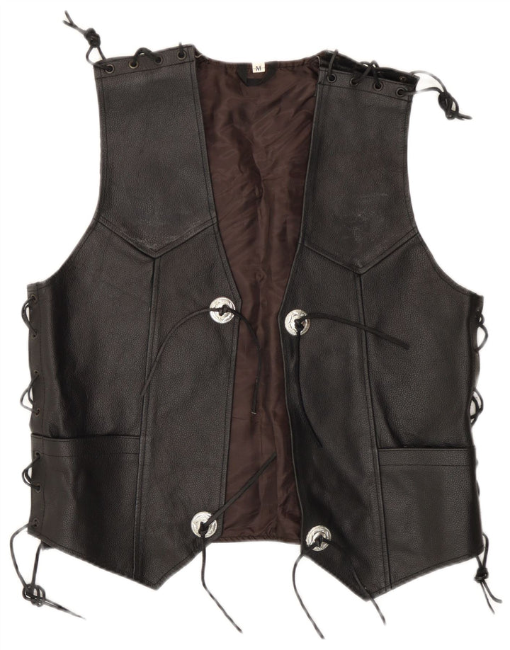 Colete de couro masculino vintage médio preto motociclista