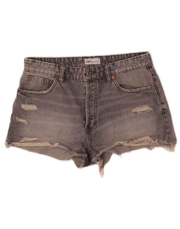 Zara Shorts jeans feminino desgastado UE 42 grande W32 algodão cinza