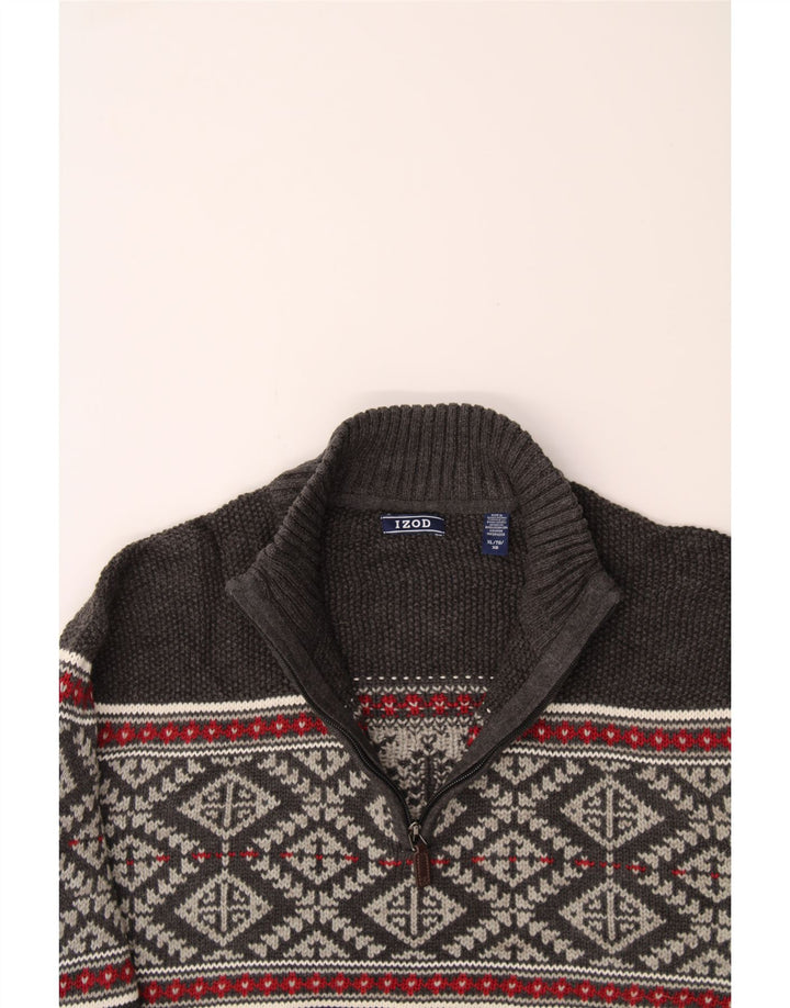 IZOD Mens Zip Neck Jumper Sweater XL Grey Fair Isle Cotton Vintage Izod and Second-Hand Izod from Messina Hembry 