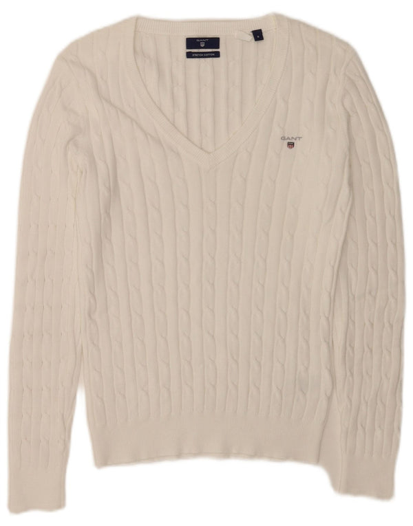 Suéter feminino Gant com decote em V Reino Unido 10 pequeno algodão branco
