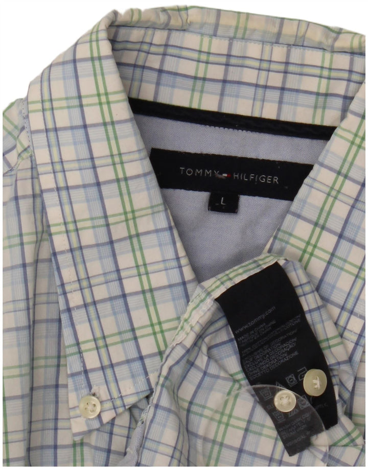TOMMY HILFIGER Camisa masculina de manga curta grande algodão xadrez azul
