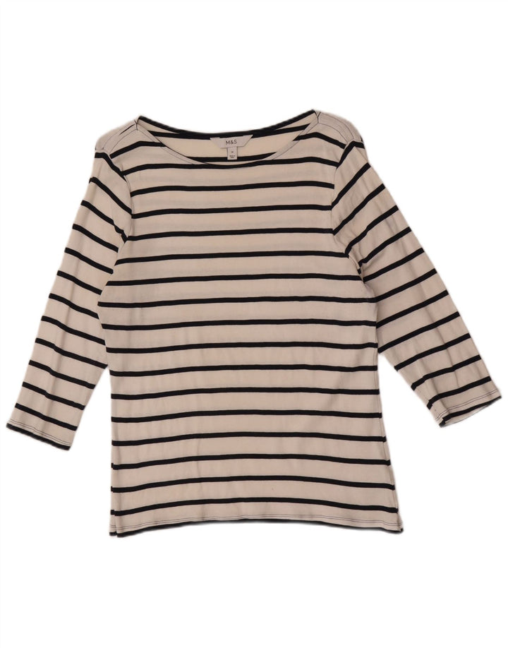 Top feminino Marks & Spencer manga 3/4 Reino Unido 16 grande algodão listrado branco