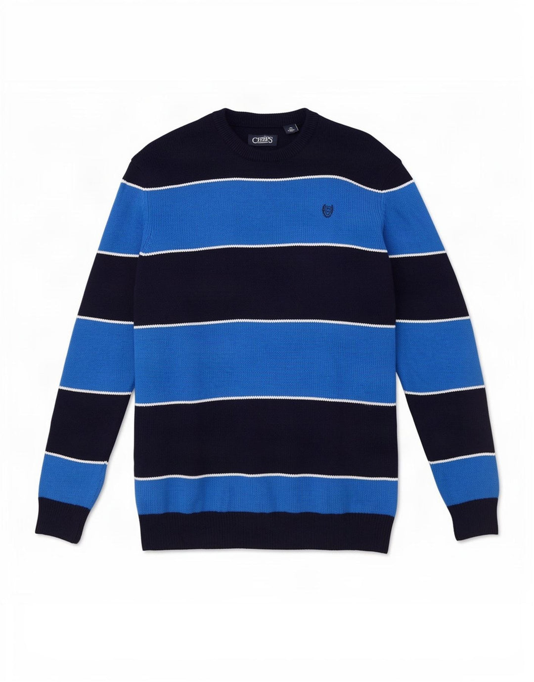 Suéter masculino Chaps com gola redonda, grande algodão listrado azul marinho