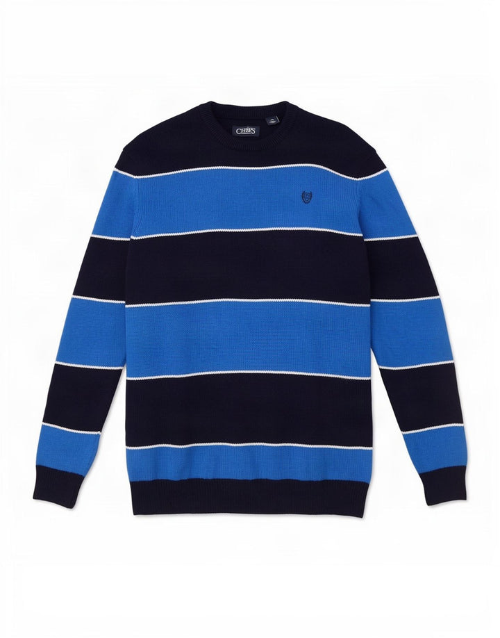 Suéter masculino Chaps com gola redonda, grande algodão listrado azul marinho