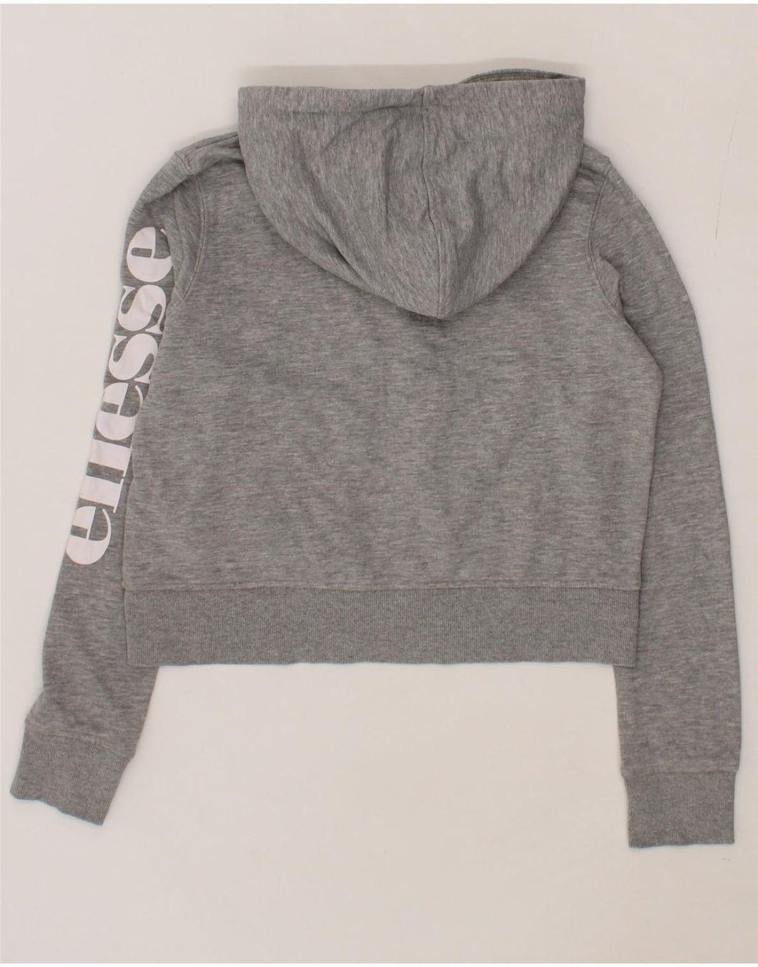 ELLESSE Womens Crop Graphic Zip Hoodie Sweater UK 6 XS Grey Cotton Vintage Ellesse and Second-Hand Ellesse from Messina Hembry 