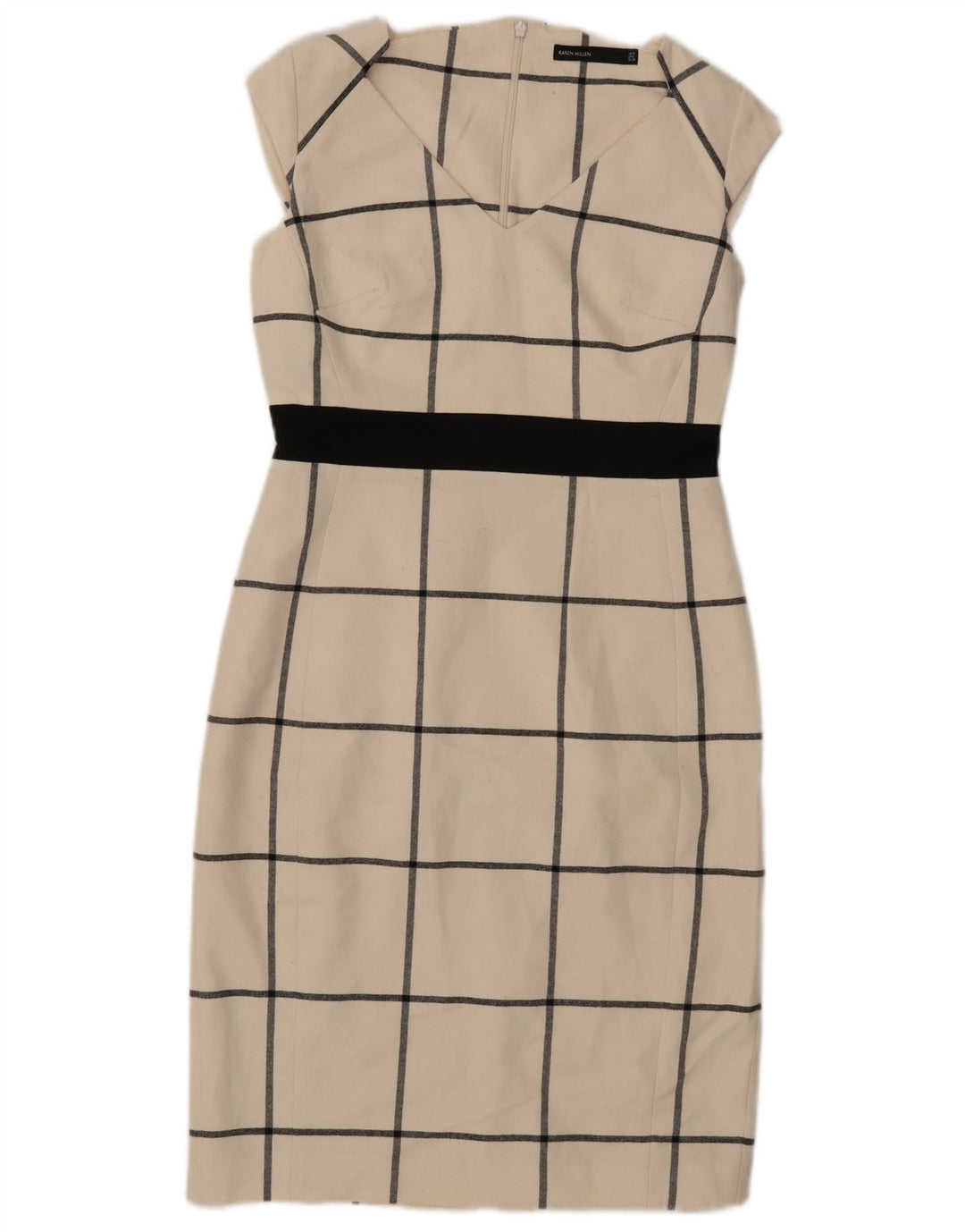 Vestido bainha feminino Karen Millen Reino Unido 10 pequeno poliéster xadrez branco