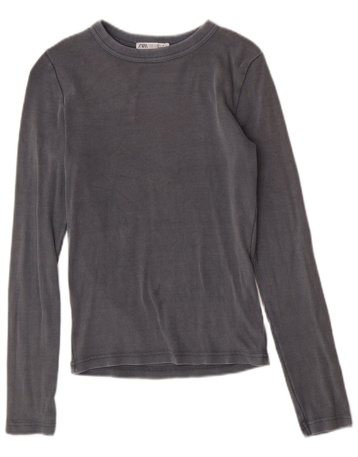 Top feminino Zara manga comprida UK 12 algodão cinza médio
