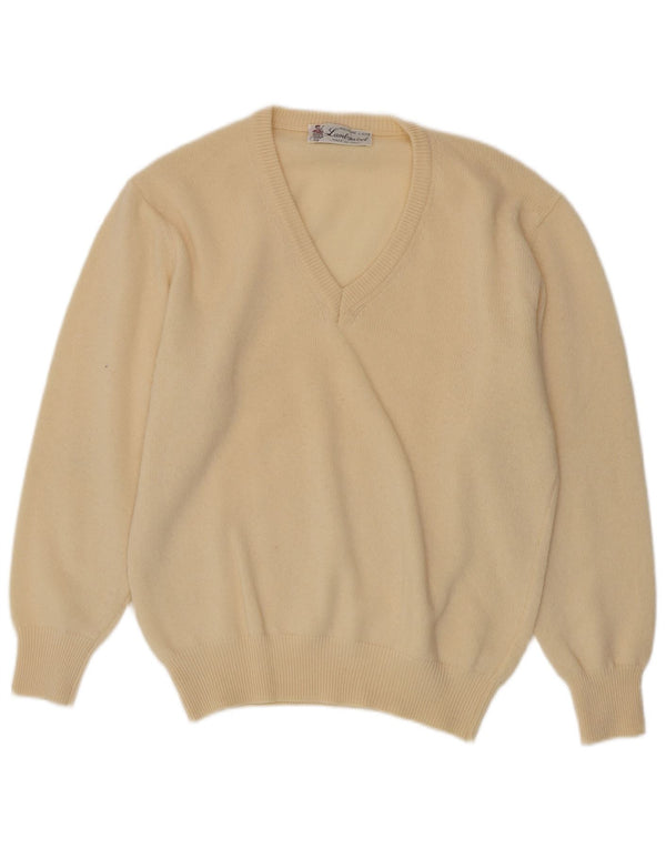 Suéter masculino vintage com decote em V de lã de cordeiro bege médio