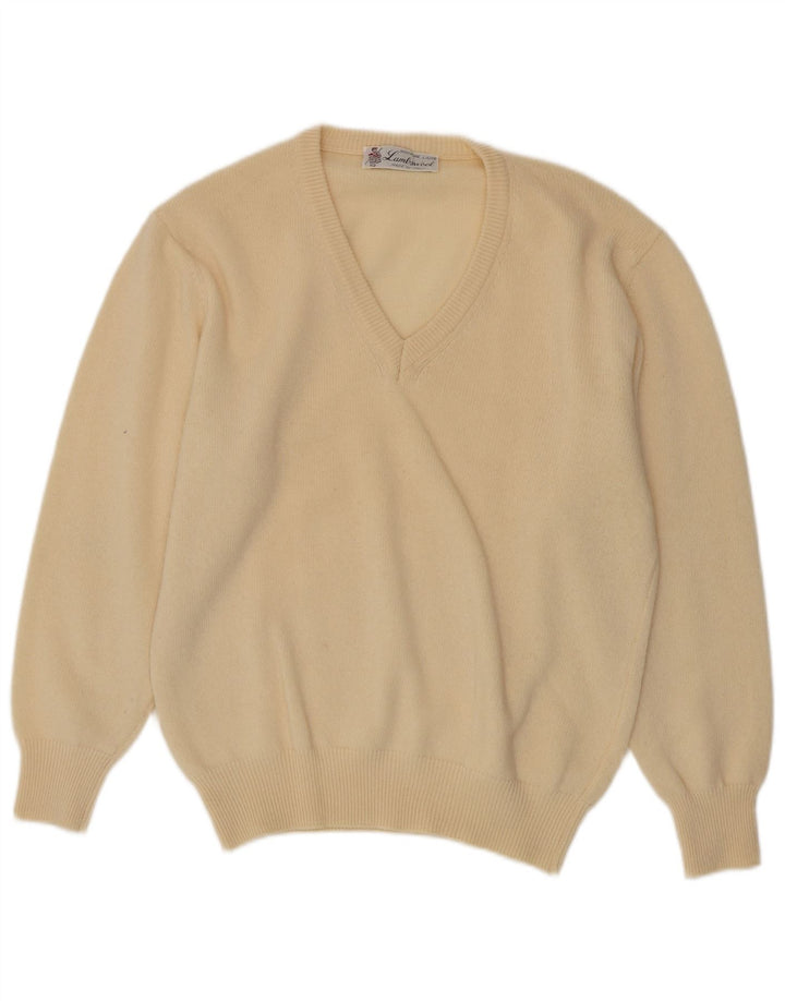 Suéter masculino vintage com decote em V de lã de cordeiro bege médio