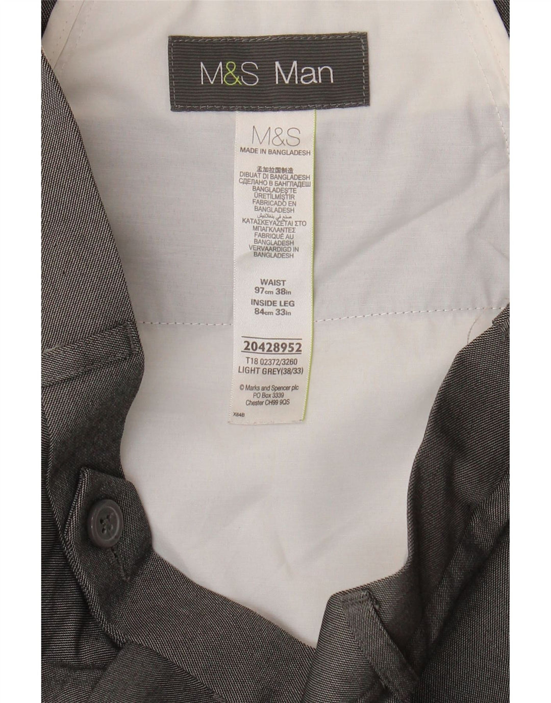 Calça masculina de terno reto Marks & Spencer W38 L29 poliéster cinza