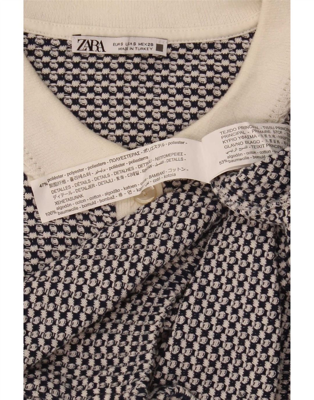 Camisa polo feminina Zara Reino Unido 10 poliéster geométrico azul pequeno