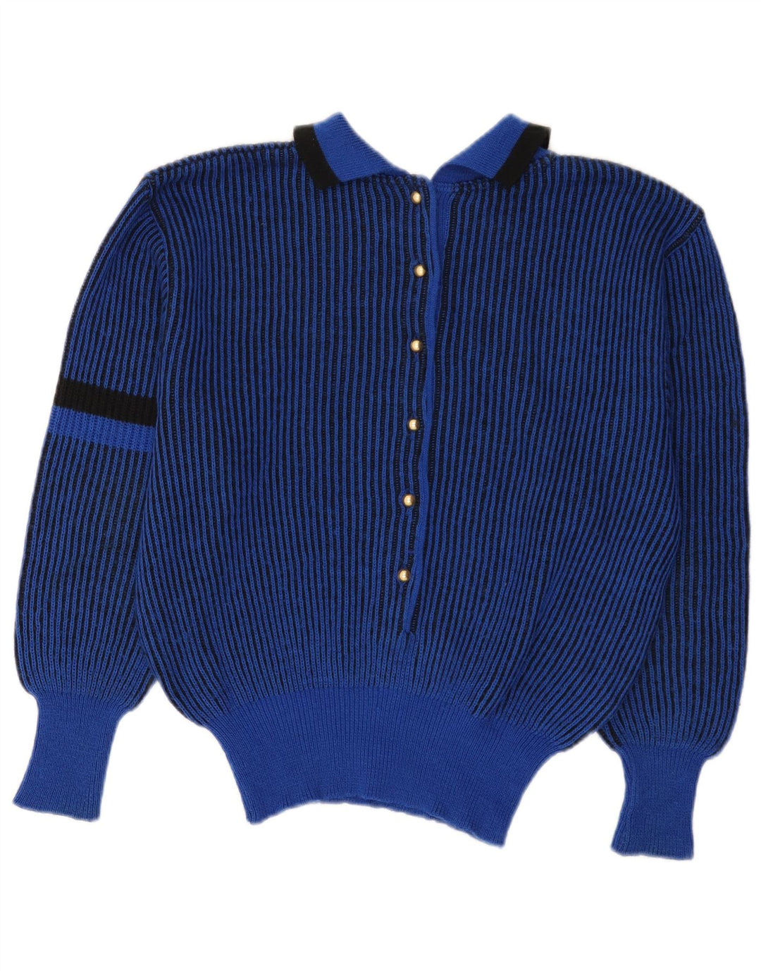 Suéter feminino VINTAGE com gola polo UK 12 listrado azul médio