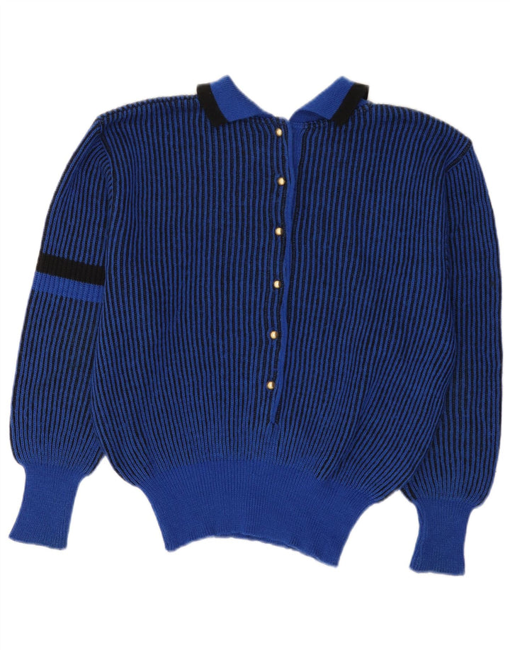 Suéter feminino VINTAGE com gola polo UK 12 listrado azul médio