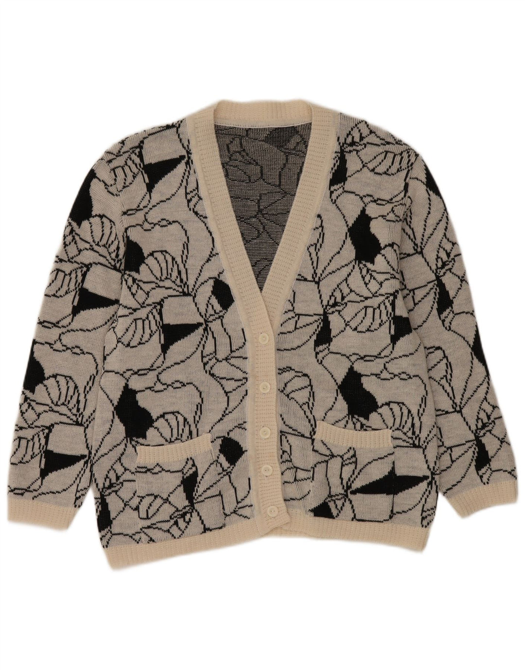 Suéter cardigã feminino vintage com padrão abstrato Reino Unido 14 grande cinza