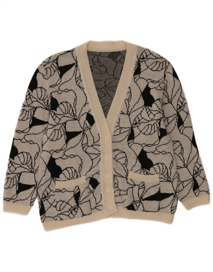 Suéter cardigã feminino vintage com padrão abstrato Reino Unido 14 grande cinza