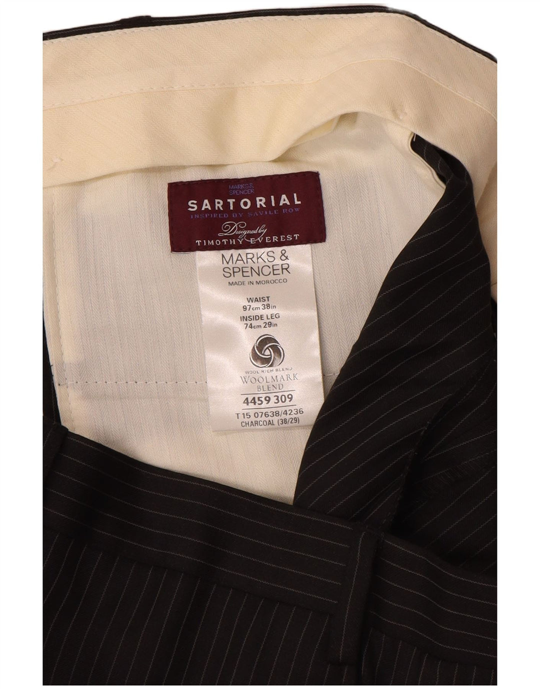 Calça masculina de terno reto MARKS & SPENCER W38 L29 cinza risca de giz lã