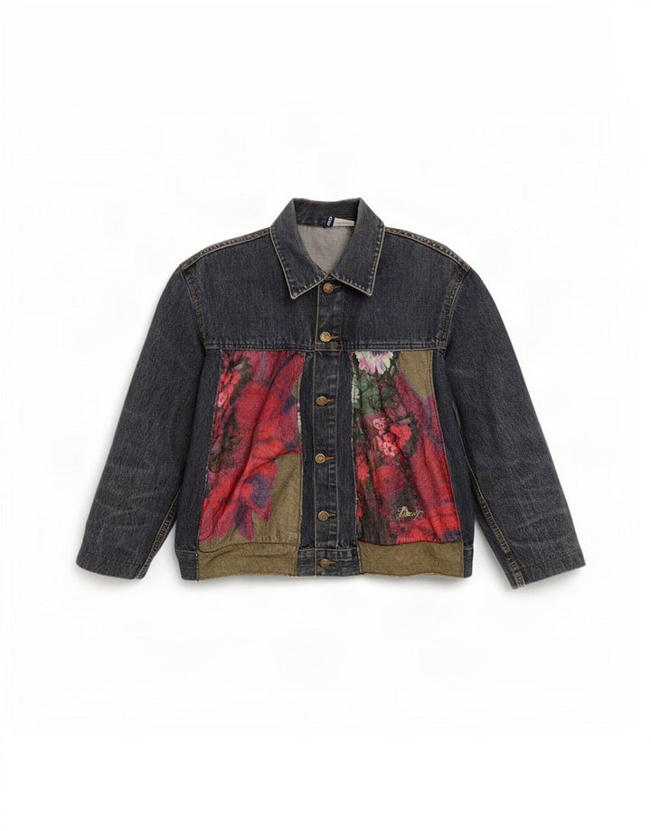 Jaqueta jeans dividida feminina da H&M Reino Unido 14 algodão floral azul médio