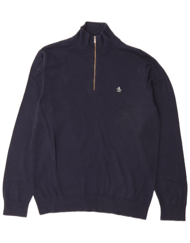 Suéter masculino Penguin com zíper e gola grande de algodão azul marinho