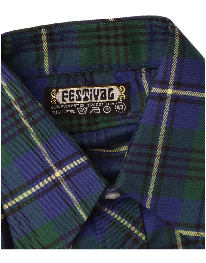 Camisa de flanela masculina vintage tamanho 43 XL poliéster xadrez azul