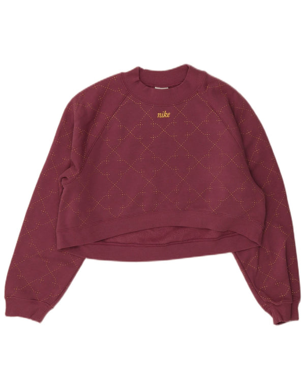 Nike Womens Crop Oversized Moletom Jumper UK 6 XS Burgundy Check Cotton
