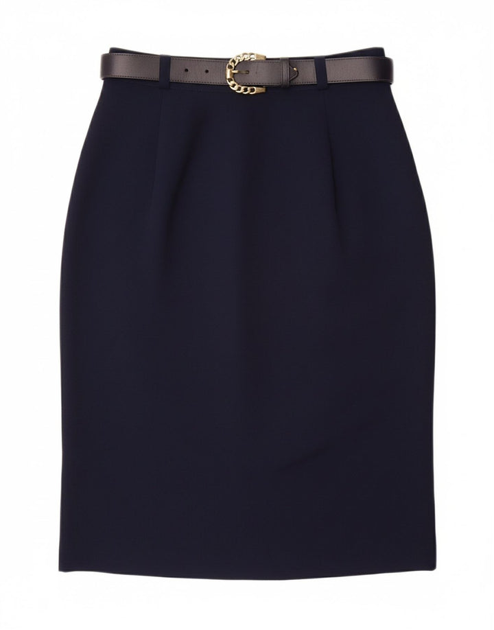 Saia lápis feminina VINTAGE UK 10 pequena W26 azul marinho poliéster