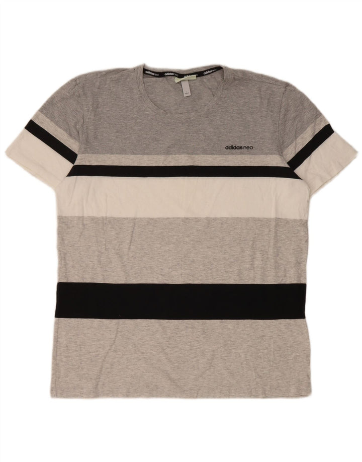 Camiseta masculina Adidas grande algodão listrado cinza