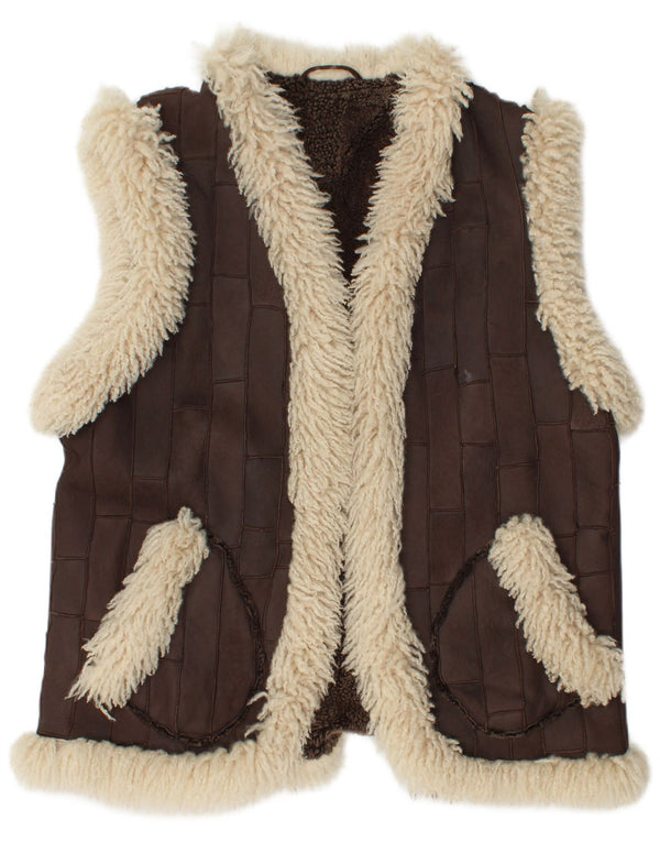 Colete feminino vintage de couro Sherpa EU 46 XL marrom