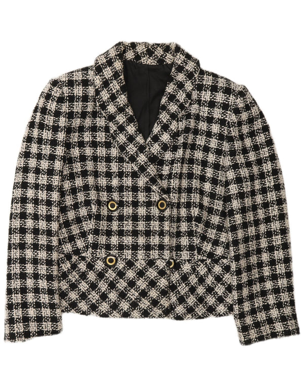Jaqueta blazer feminina vintage com peito duplo Reino Unido 12 xadrez preto médio