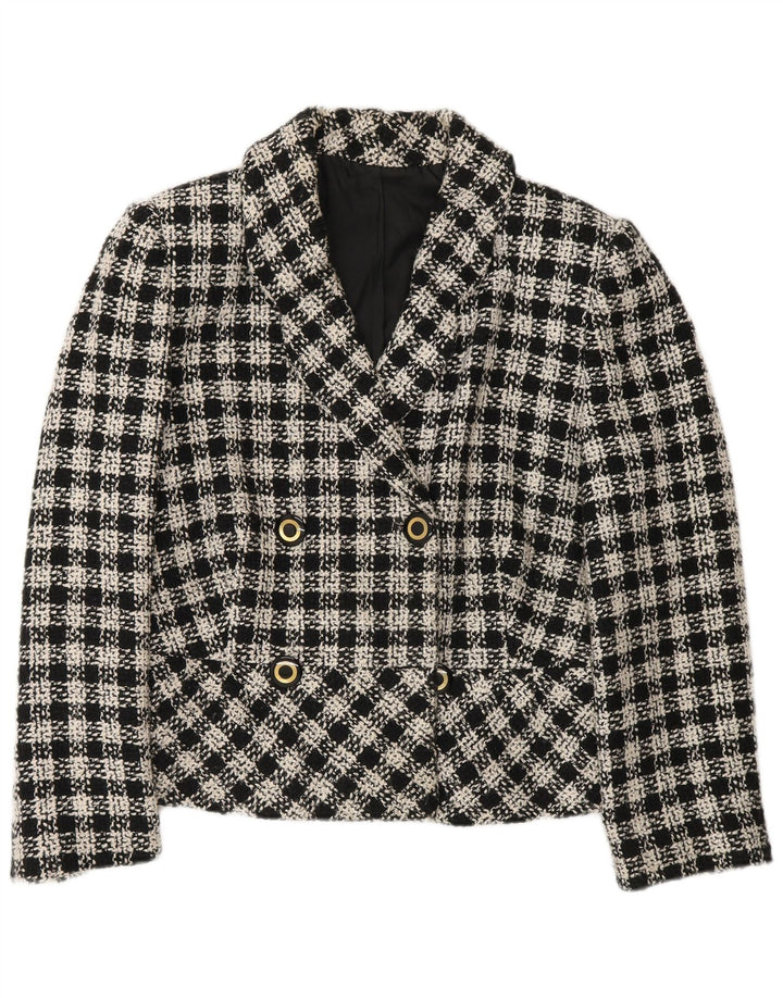 Jaqueta blazer feminina vintage com peito duplo Reino Unido 12 xadrez preto médio