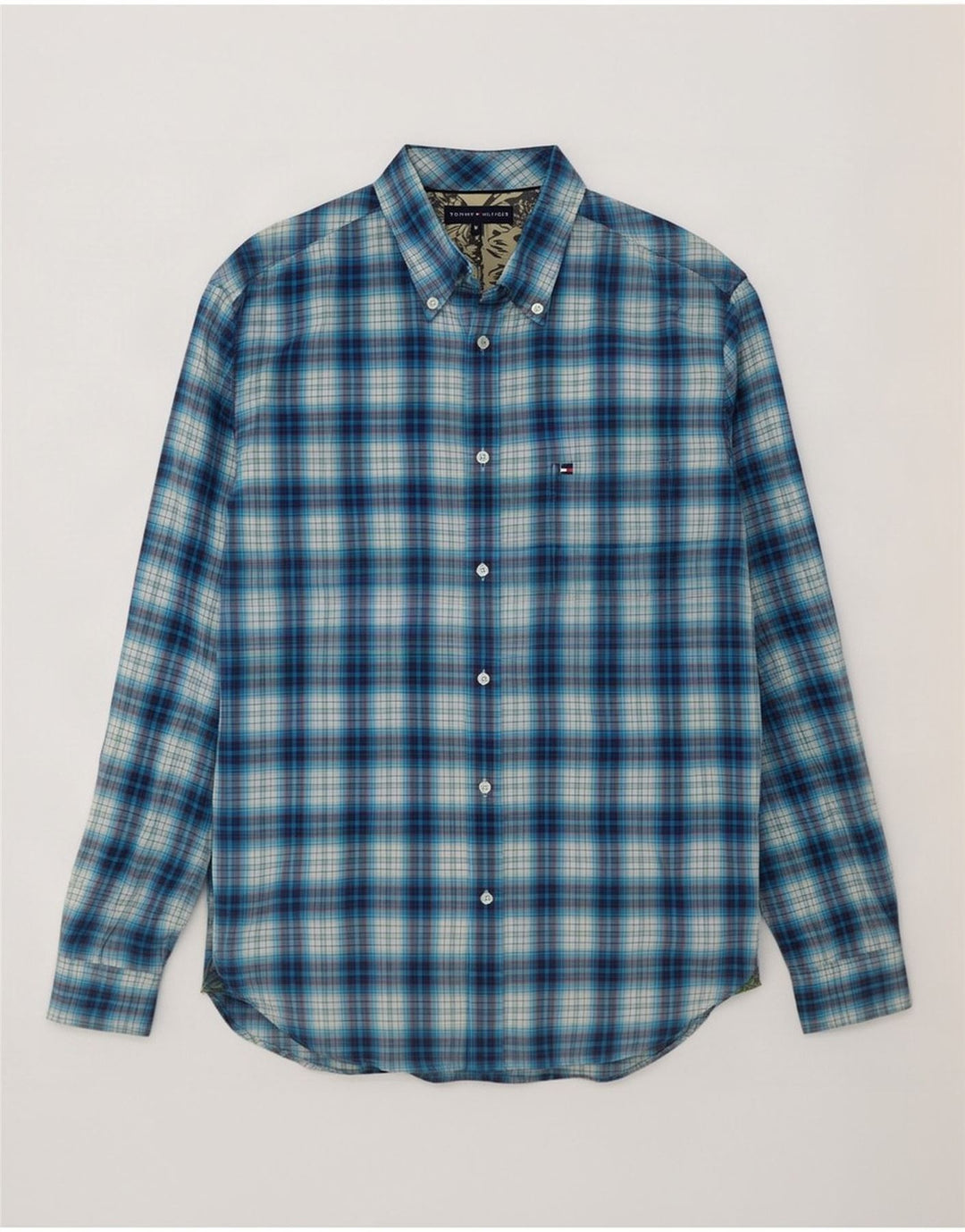 Camisa masculina de flanela Tommy Hilfiger algodão xadrez azul médio