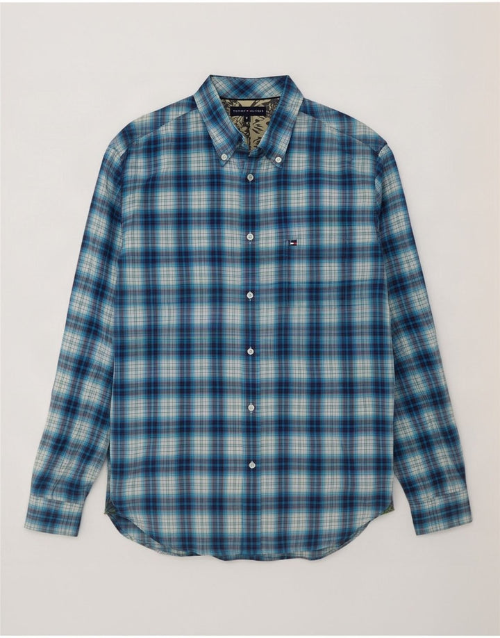 Camisa masculina de flanela Tommy Hilfiger algodão xadrez azul médio