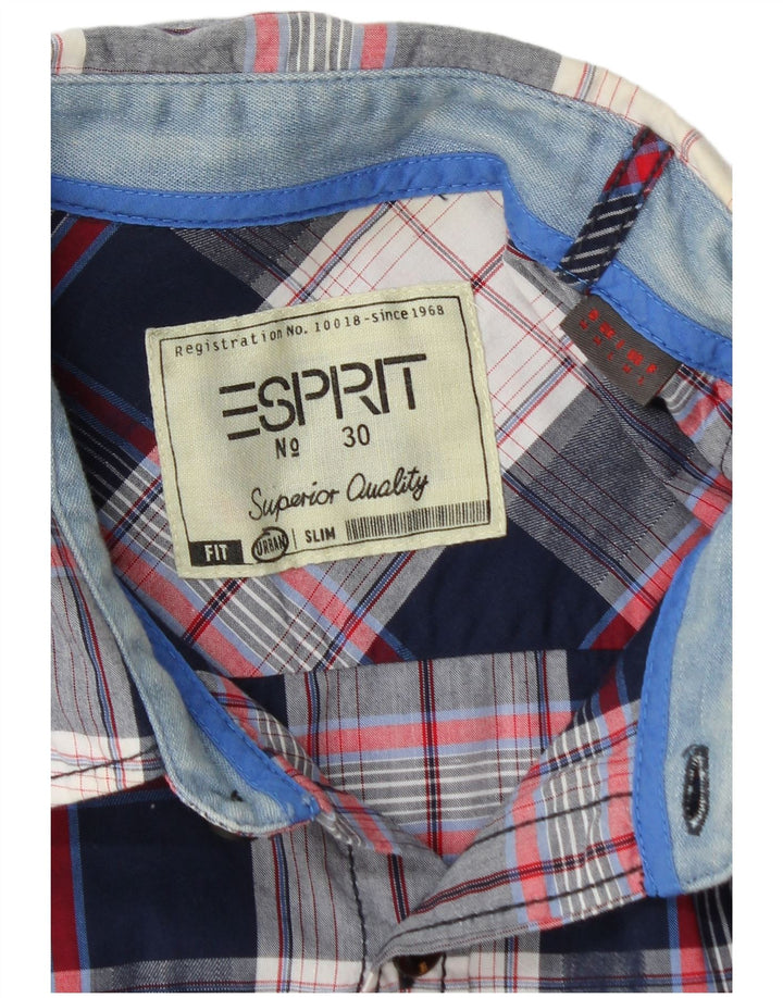 Camisa masculina Esprit Slim Fit média azul marinho xadrez algodão