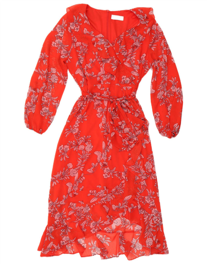 Vestido maxi feminino de manga comprida WALLIS Reino Unido 14 grande poliéster floral vermelho