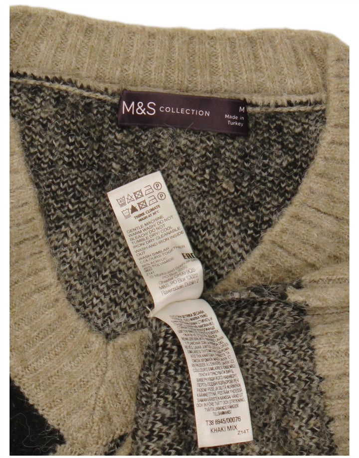 Suéter feminino Marks & Spencer com decote em V e gola V Reino Unido 14 médio cáqui