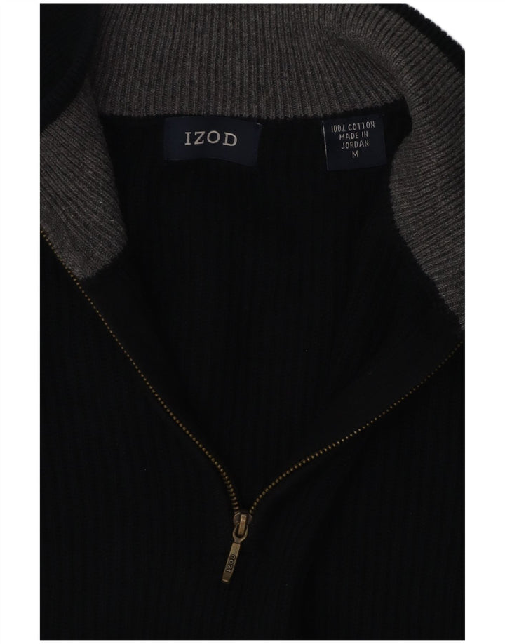 Suéter masculino IZOD com zíper e gola alta de algodão preto médio