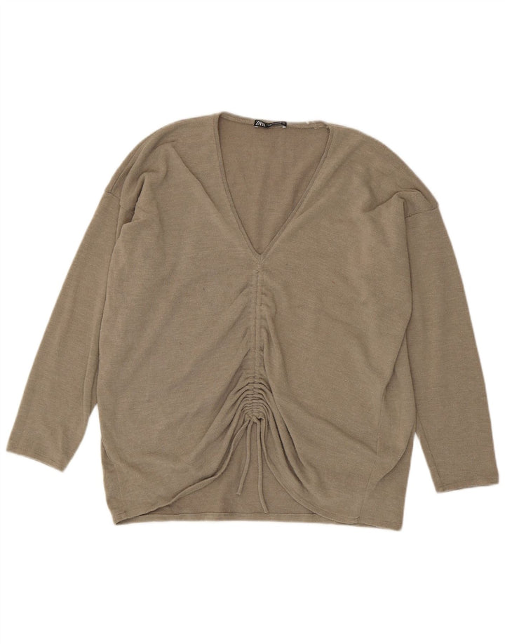 Zara Top feminino oversized manga comprida UK 12 poliéster bege médio