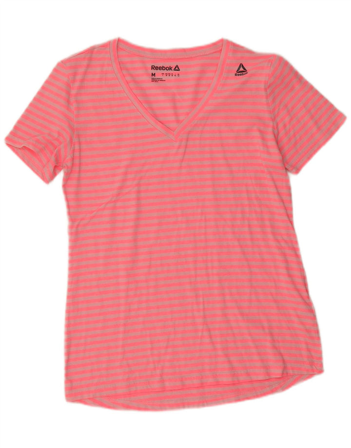 Camiseta feminina Reebok Top UK 12 poliéster listrado rosa médio
