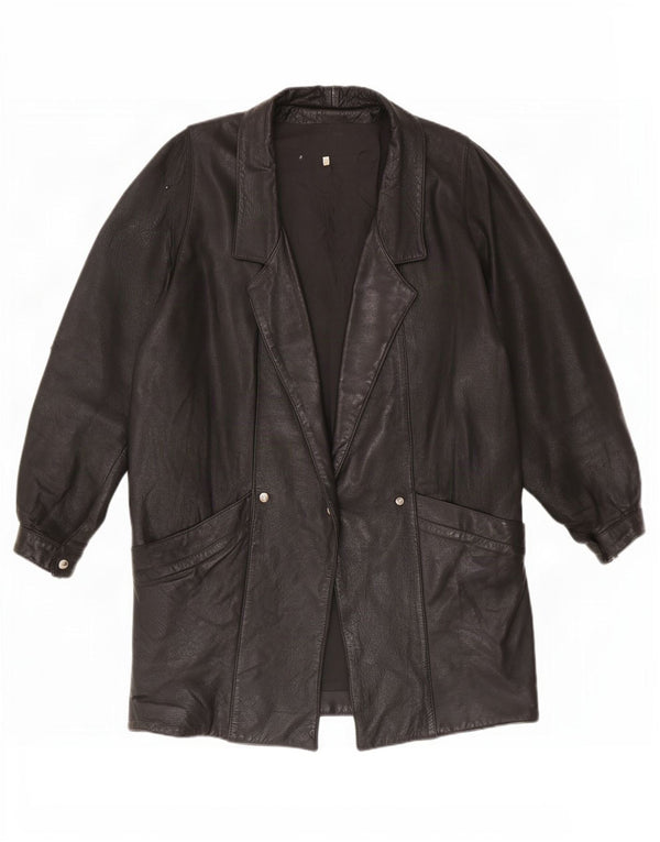 Casaco de couro grande vintage feminino UK 12 médio preto